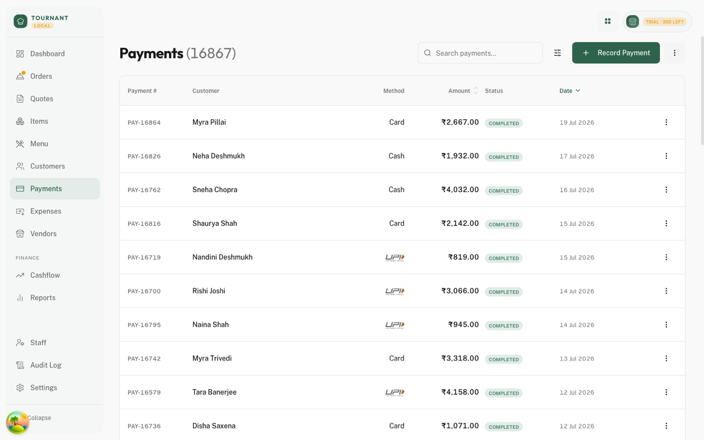 Tournant payments ledger