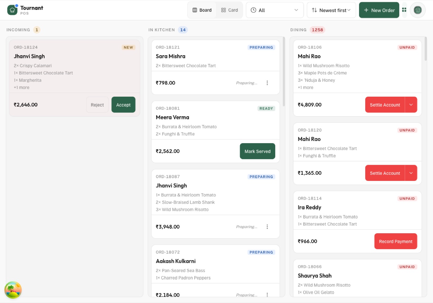 Order landing on the POS tablet